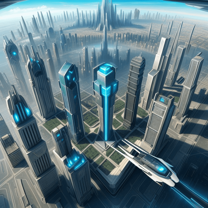 AI generated: futuristic city seen from above, with flying cars