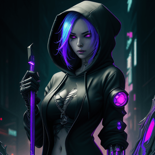AI generated: (a woman in a hoodie "holding a-->>-- scythe"), cyberpunk art rossdraws, fantasy art, ( beautiful gi...