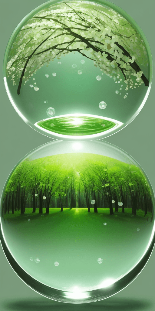 AI generated: spring flowers, ball bubble, trees in round glass, nature, simplicity design, green gradient beautif...