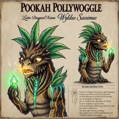 AI generated video: A scientific record featuring a large, ancient gnarled Pookah Pollywoggle creature, illustrated in p...