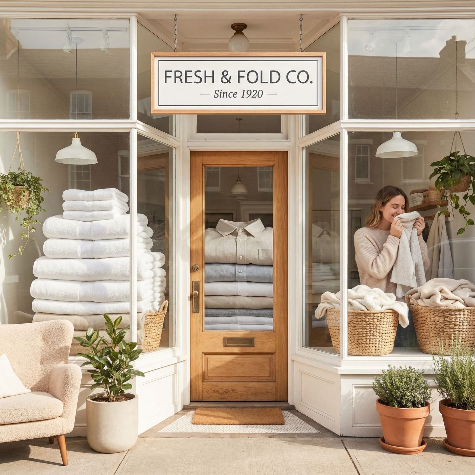AI generated: generate an image of  a laundry business that appeals to the sensation of clean cloths and the comfo...