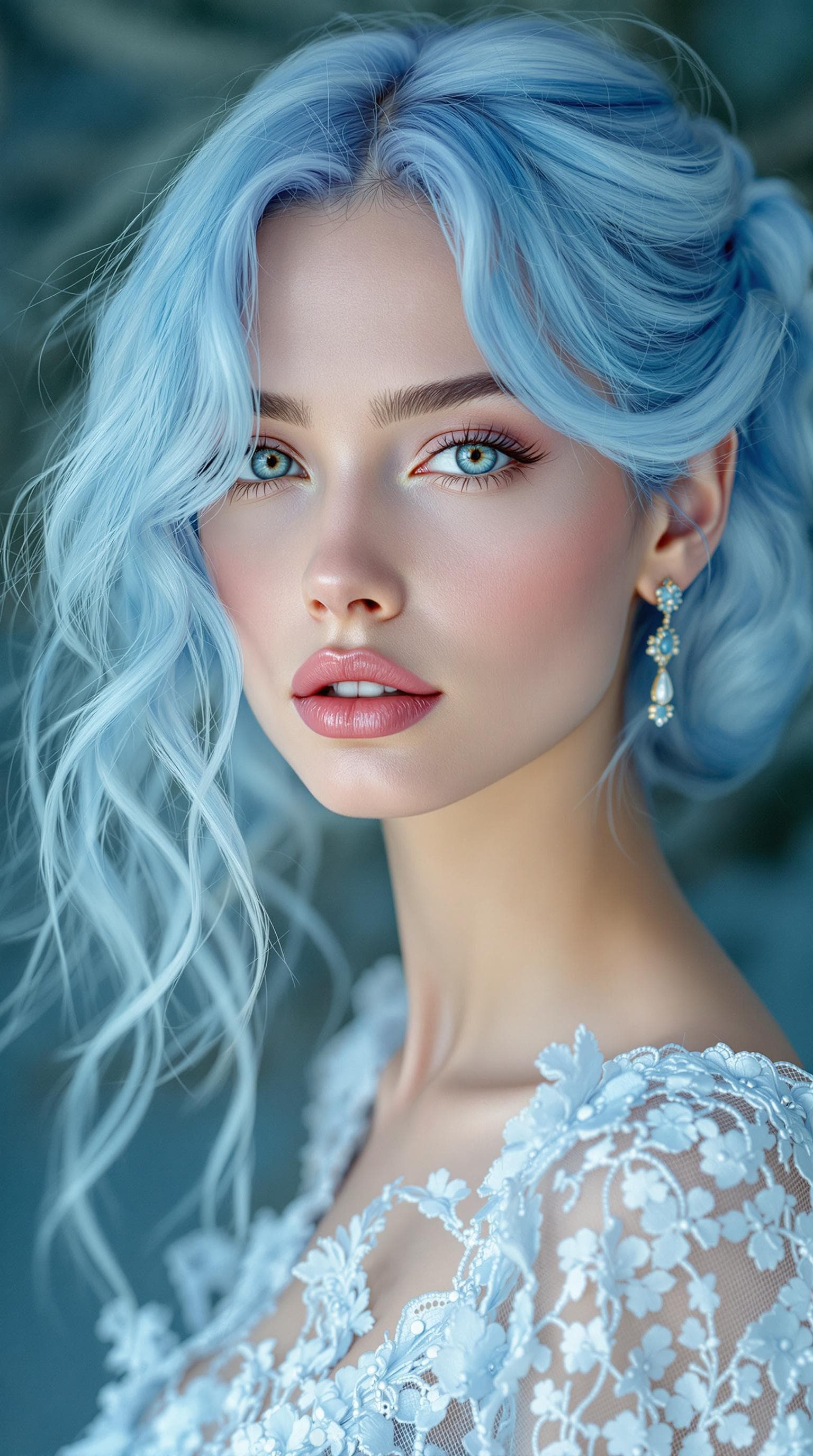 AI generated: une femme aux cheveux bleus, dans une robe en dentelle bleu ciel, dans le style de l'hyperréalisme e...