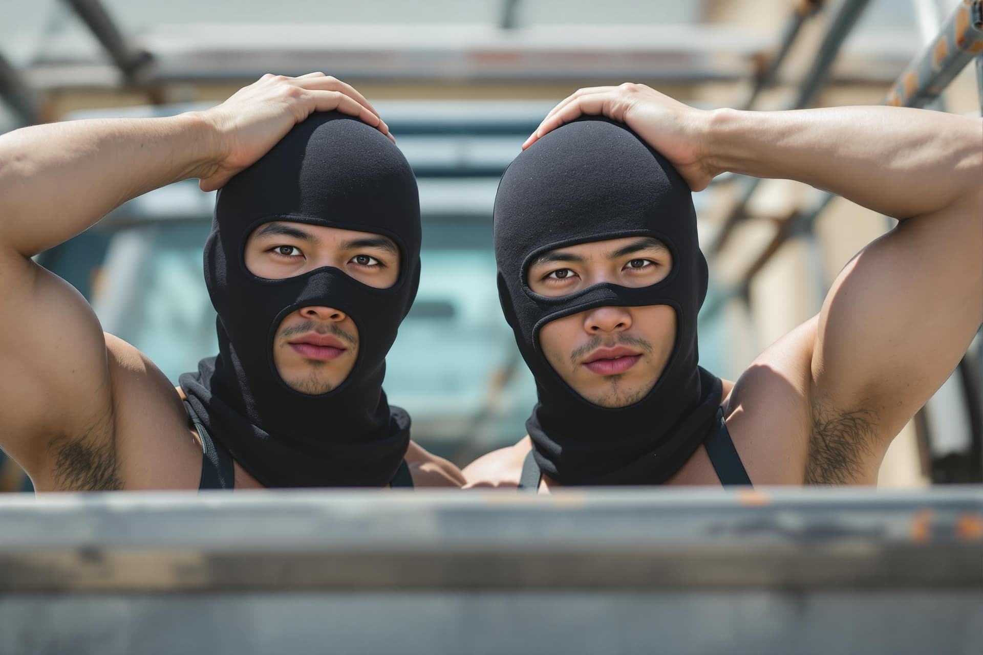 AI generated: Two strong male Asian born Chinese athletes arrested in day time. They are under police investigatio...