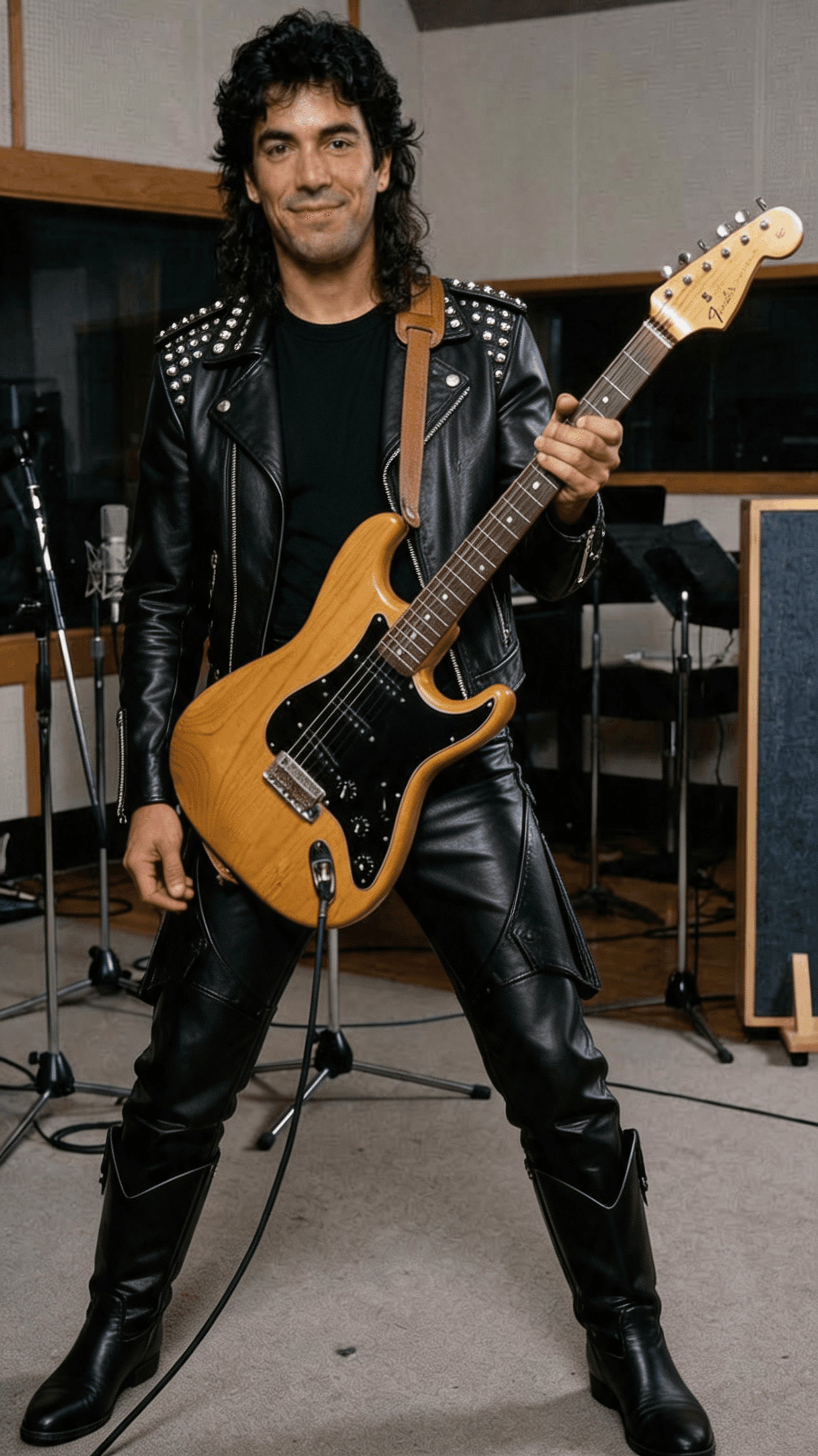 AI generated: 1980's Hard Rock guitar player dressed in all black leather pants with chaps, black leather cowboy b...