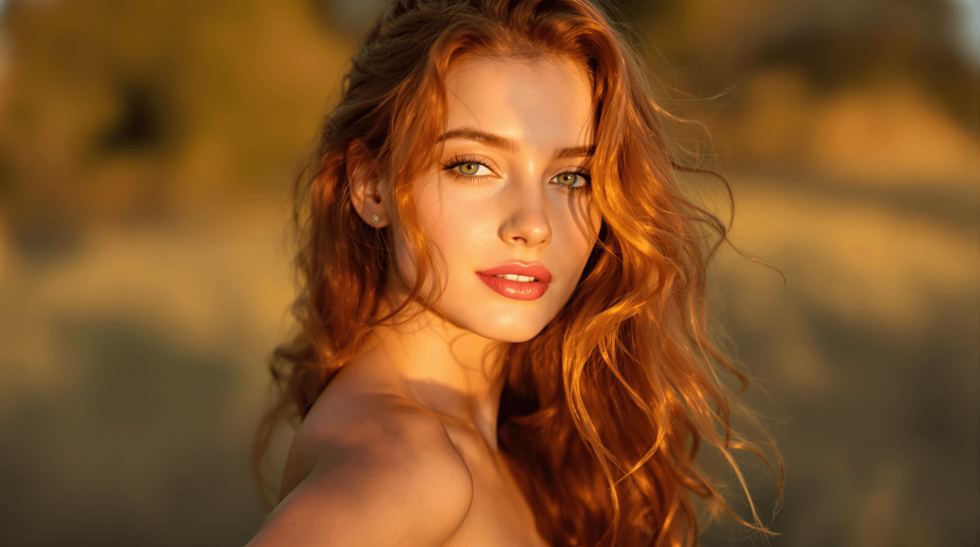 AI generated: "Fine art, cinematic, warm golden hour, lithe supermodel, early 20s, light skin, long wavy auburn ha...