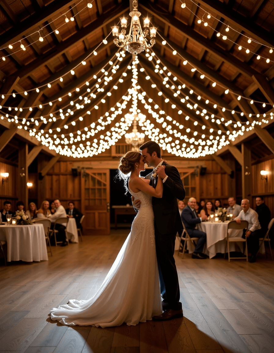 AI generated: "Romantic scene of a couple slow-dancing under a canopy of fairy lights in a rustic barn wedding set...