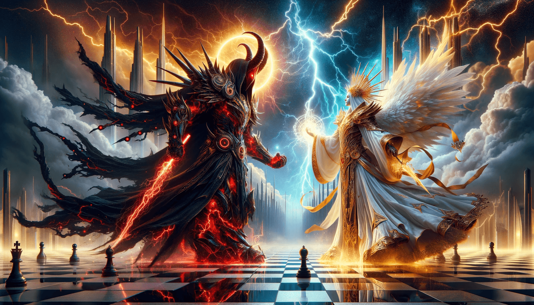 AI generated: Create an awe-inspiring digital painting of a mythical duel between an infernal knight and a divine ...