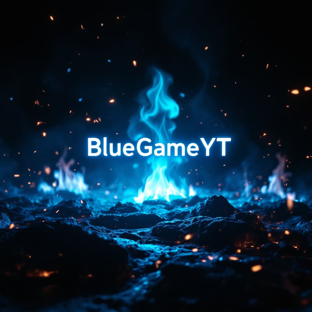 AI generated: render, text "BlueGameYT", white color, flames, bright light emanating from center, high contrast, e...