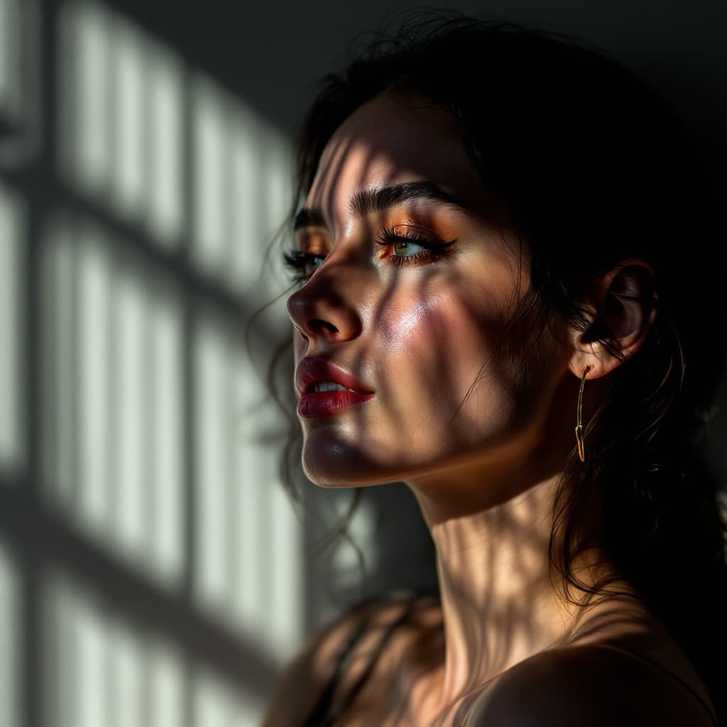 AI generated: high-resolution photograph, woman, stunning use of shadows, in the syle of crisp lines and forms,  U...