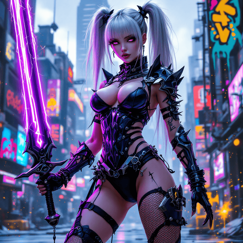 AI generated: cyberpunk-style female warrior. She has pale gothic skin. She has long, platinum silver hair tied in...