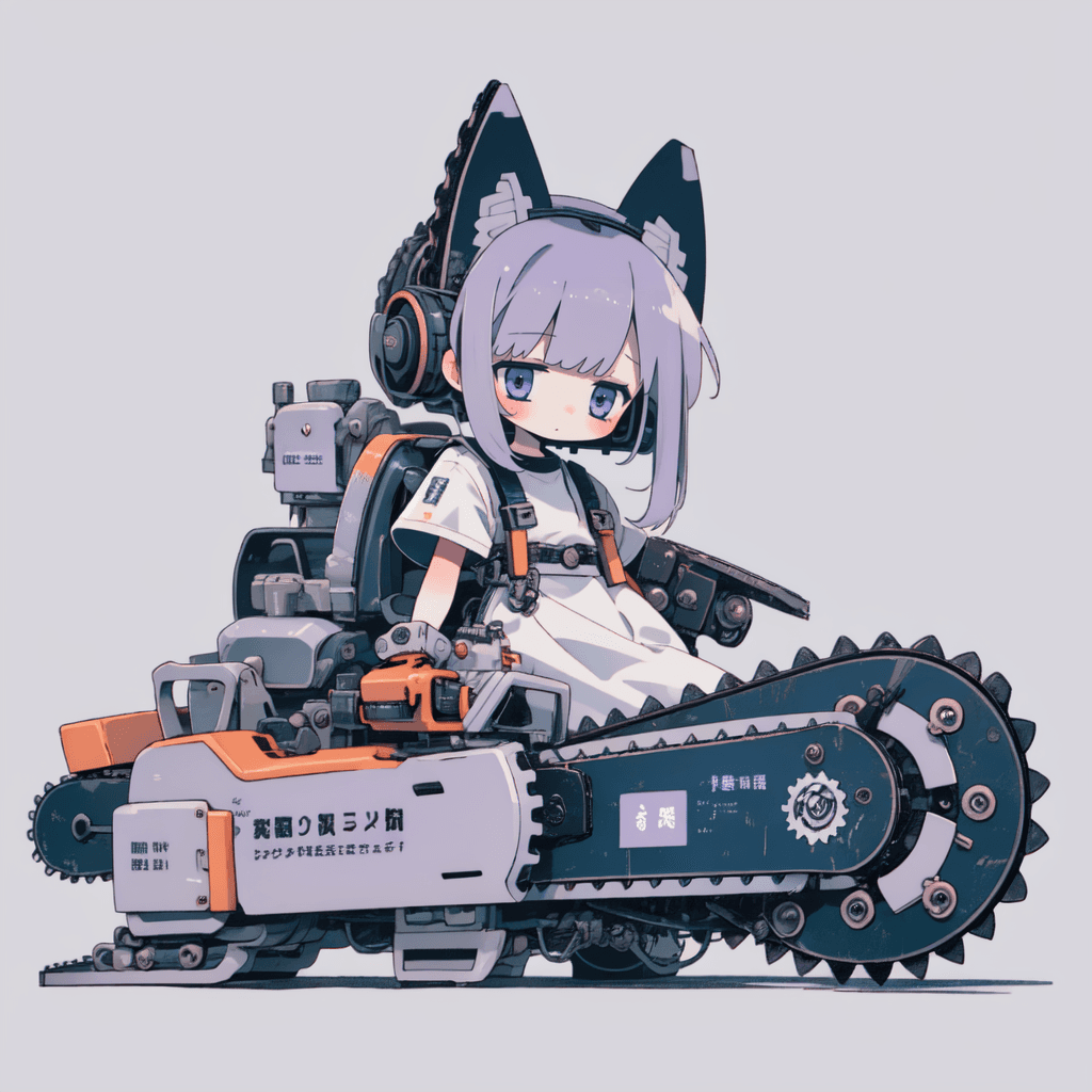 AI generated: best quality,Lavender theme,
(solo,chibi:1.2),chainsaw,exoskeleton,mecha musume,mechanical parts,ca...