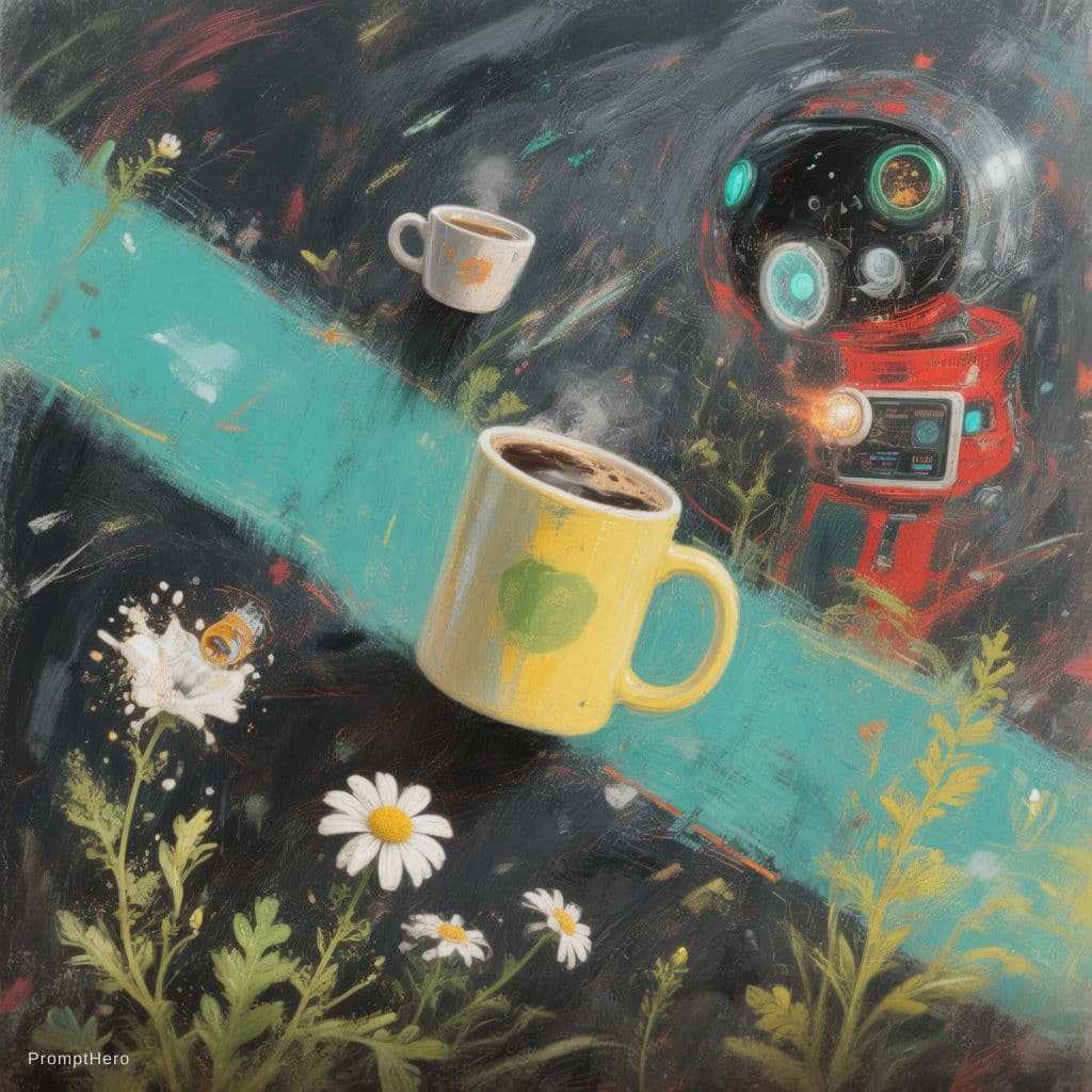 AI generated:  Illustration . Colours teal yellow green red theme. Artistic black and gray back ground. Concept di...