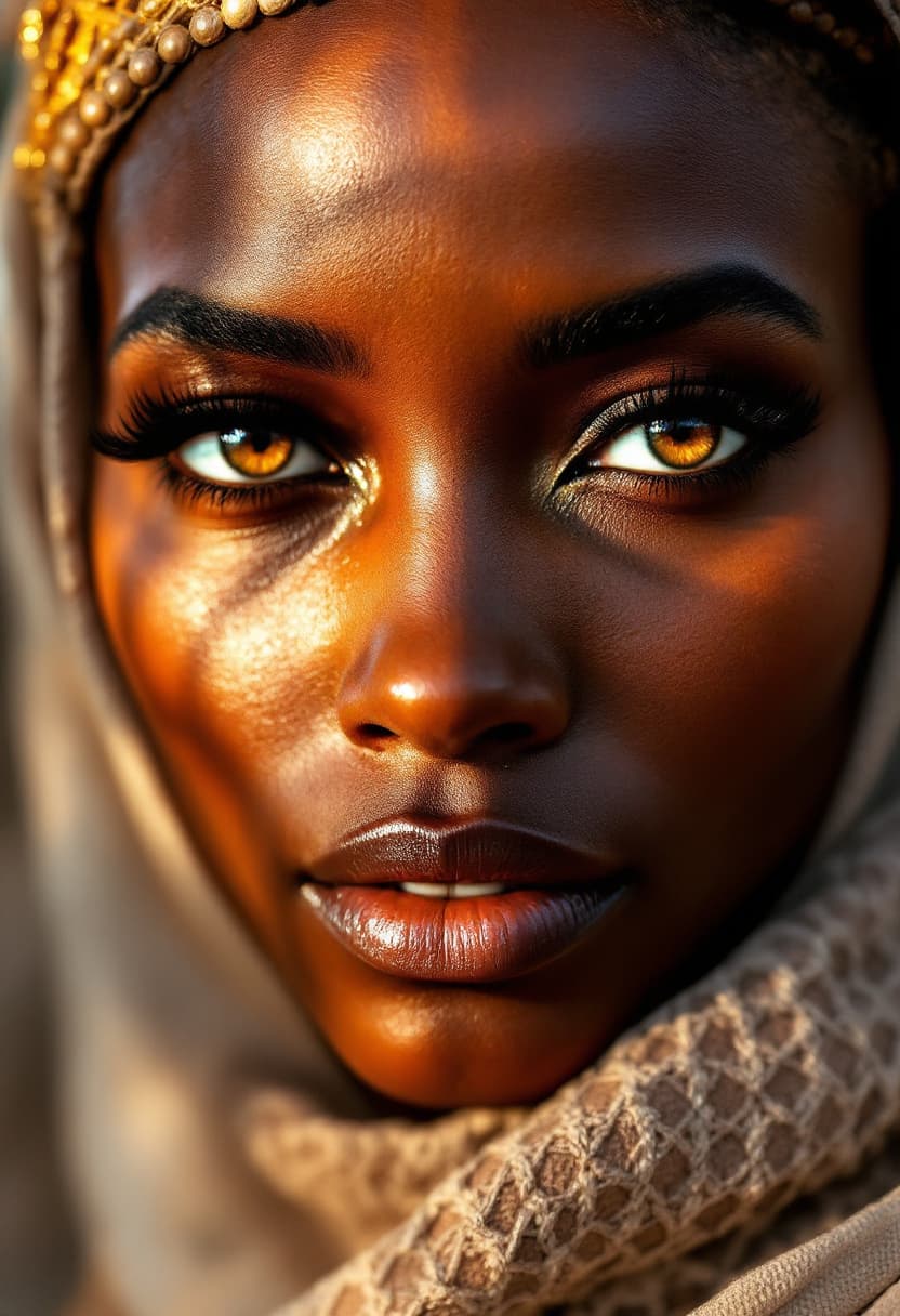 AI generated: A regal Touareg woman's face masked is illuminated by soft, golden light, her striking features acce...