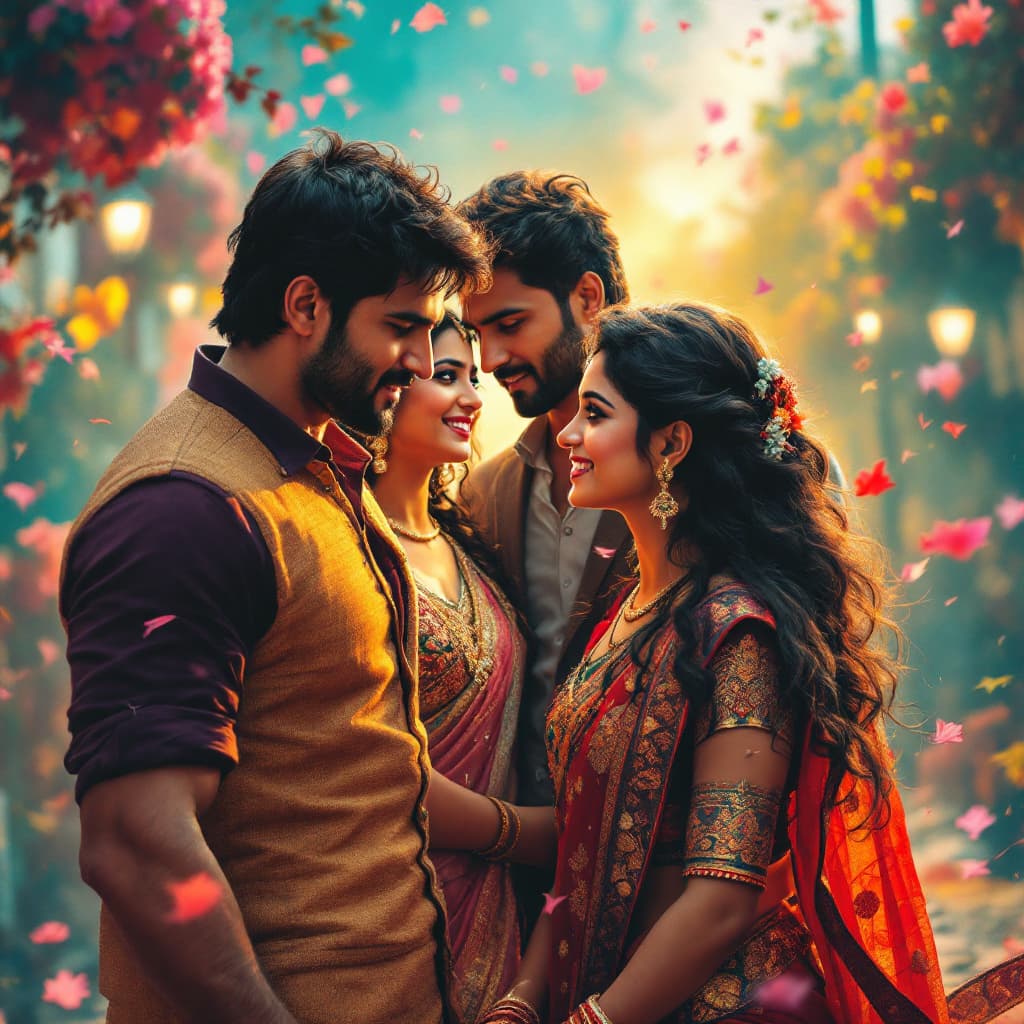 AI generated: Imagine a romantic Bollywood scene where three male and three female characters come together, each ...