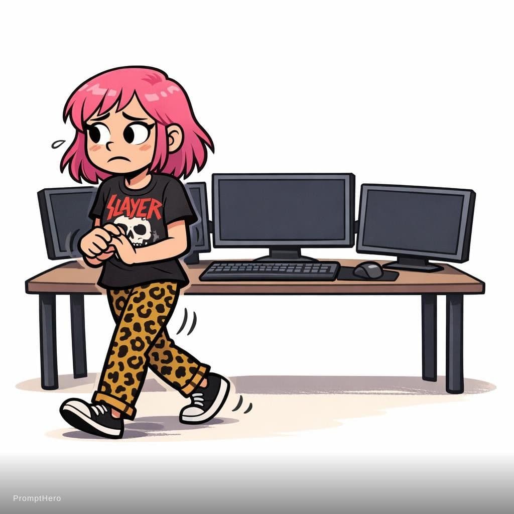 AI generated: An image of a girl walking back and forth in front of her desk, wringing her hands. She has pink hai...