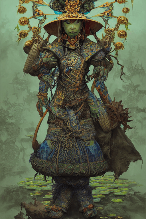 AI generated: a shaman of frogs with an asian armor and with lots of water lilies , there is a stone toad on the V...