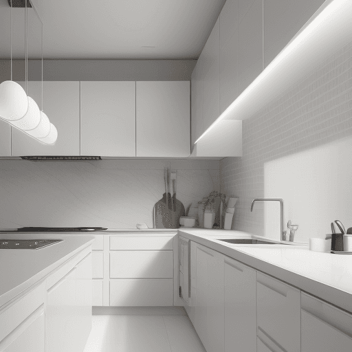 AI generated: modern kitchen in the pre-dawn light, sleek white tile and matte white finishes, with a beige, and m...