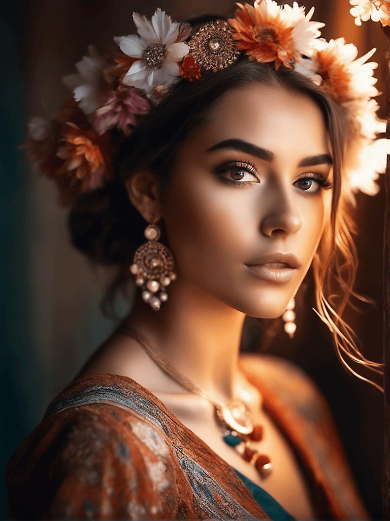AI generated: light background, breathtaking bohemian model, spotlight, award-winning, art photograph, 8k