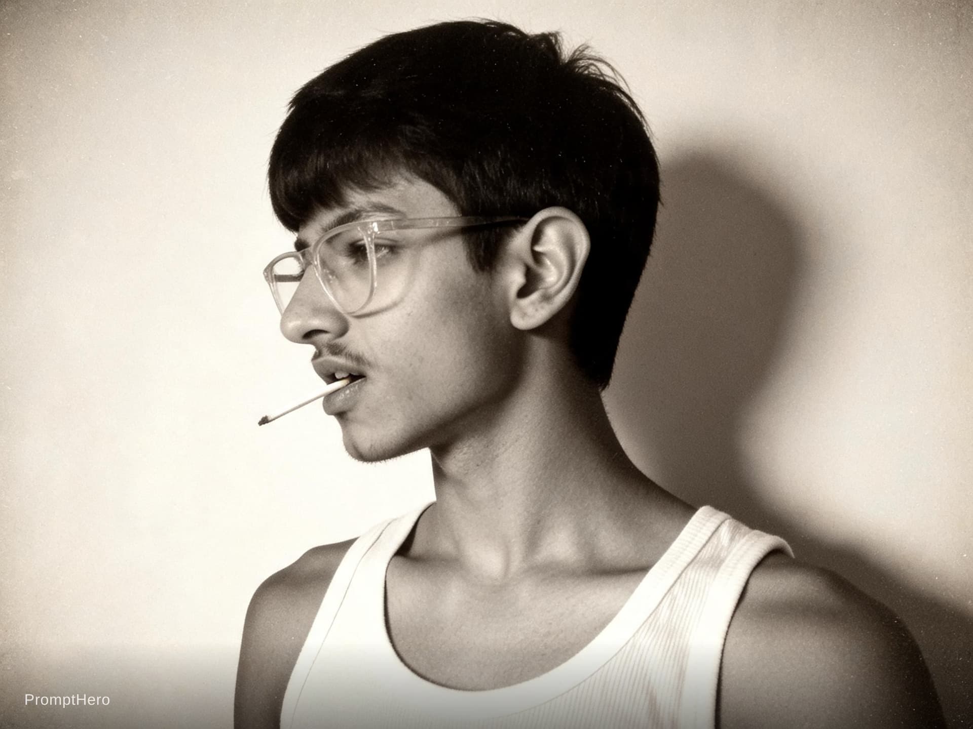 AI generated: Portrait Style: a side face pic with grainy, high-contrast black and white (sepia-toned) studio port...