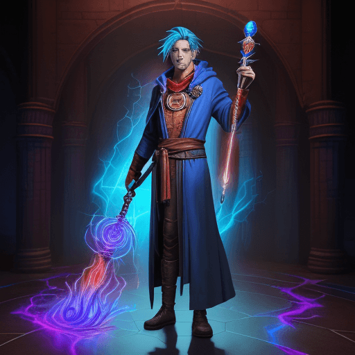 AI generated: izzet human mage, full body, staff in hand:: tall man, wild blue hair, wearing a robe, cowl, holding...