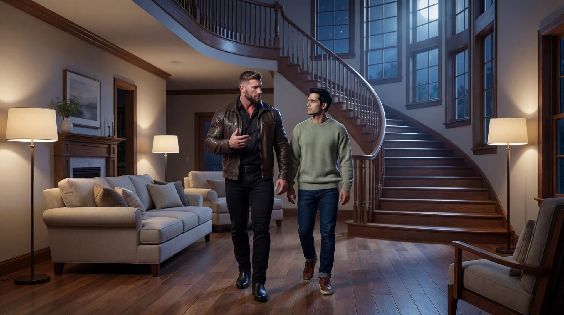 AI generated: The scene is at night. The same house. The models are together walking through the living room towar...
