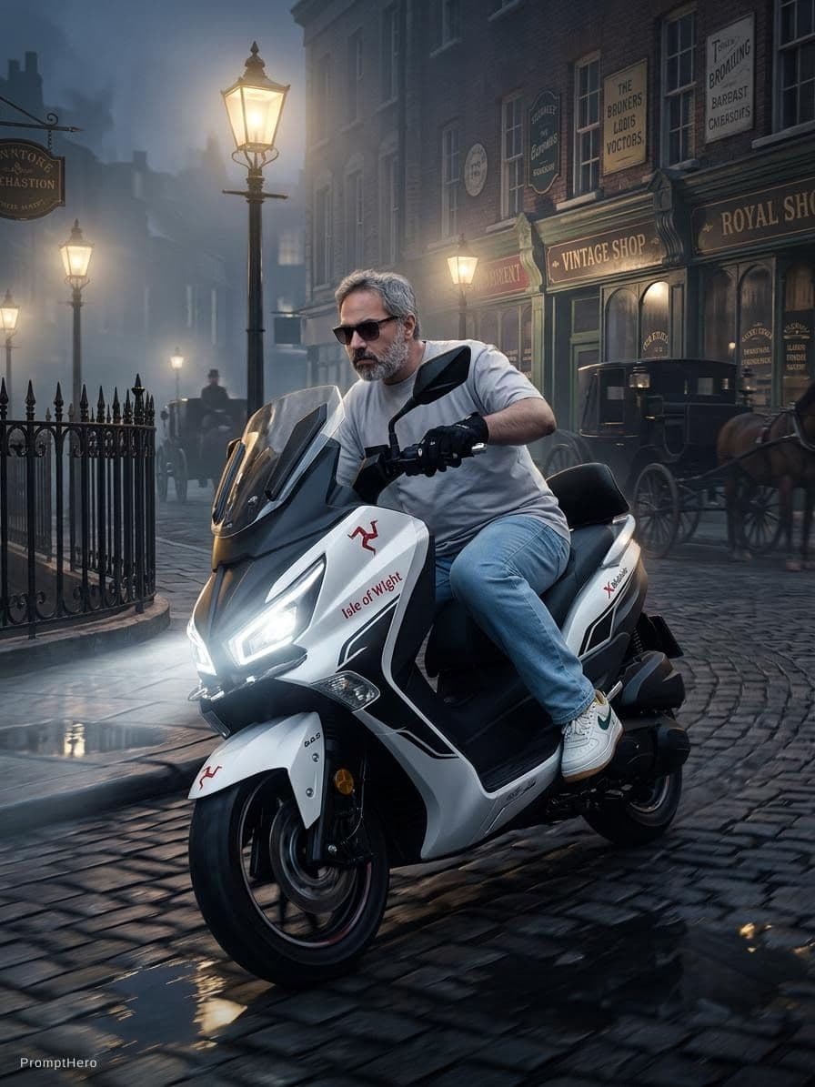 AI generated: A scene of an isle of white motorcycle racing down a cobblestone Victorian-era street, merging the e...
