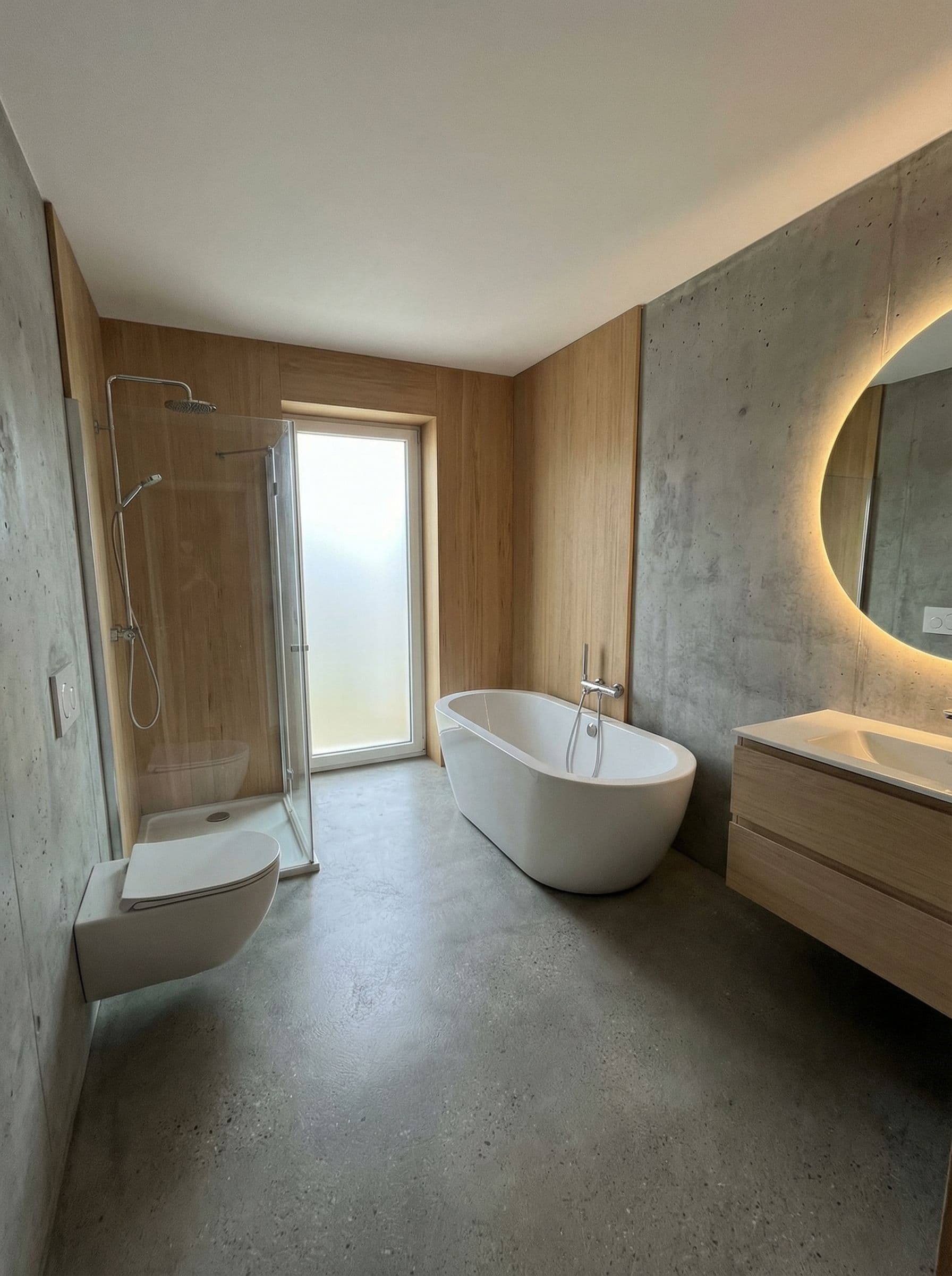 AI generated: convierte esta habitacion en un bano.
 el bano tiene que tener banera y ducha. madera clara en el ba...