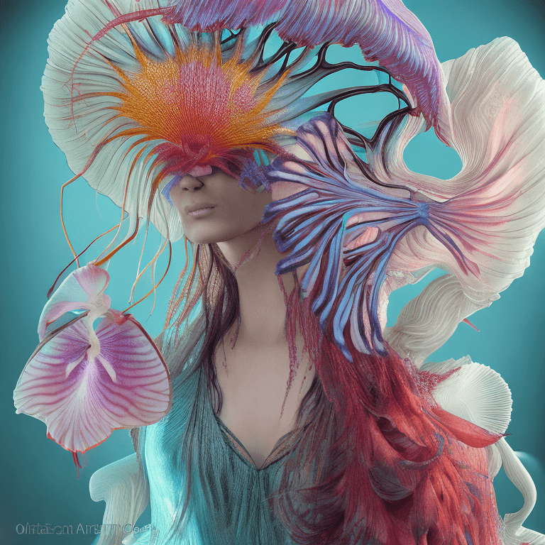 AI generated: Goddess close-up portrait ribcagel. jellyfish phoenix head, nautilus, orchid, skull, betta fish, bio...