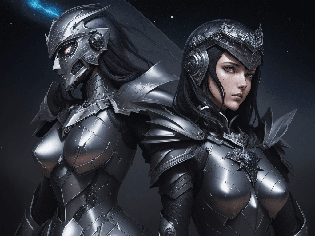 AI generated: "sinister beautiful lady knight, helmet, stellar galaxy constellations splatter, deep black indigo c...