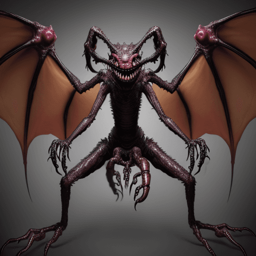 AI generated:  high quality foto of a monster, 10 legs, 3 arms, slimy, 3 grimaces with big teeth, wings,
