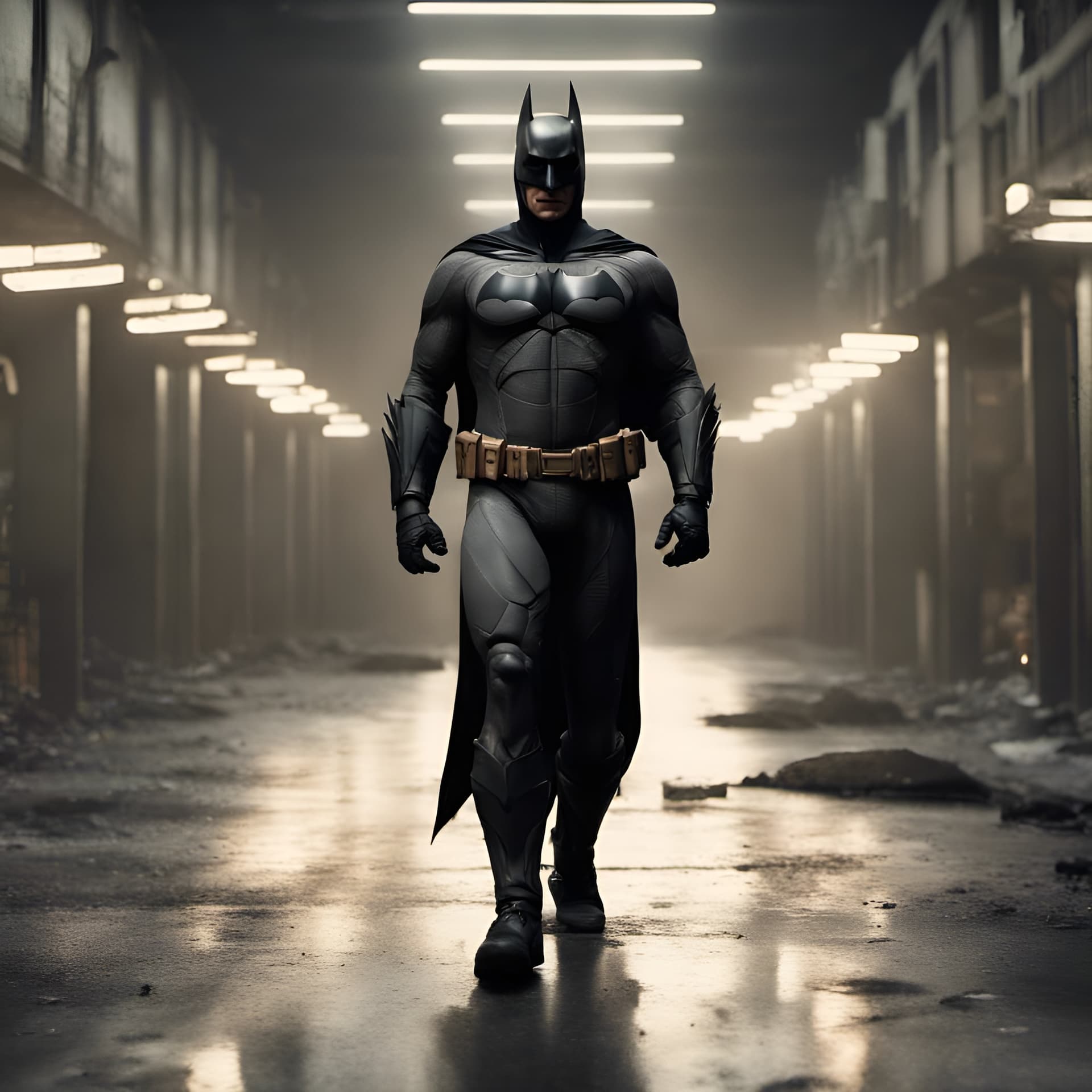 AI generated: Christian Bale as The Batman, 8k, Full body shot, Evil smile, VFX, octane render, unreal engine 5, D...