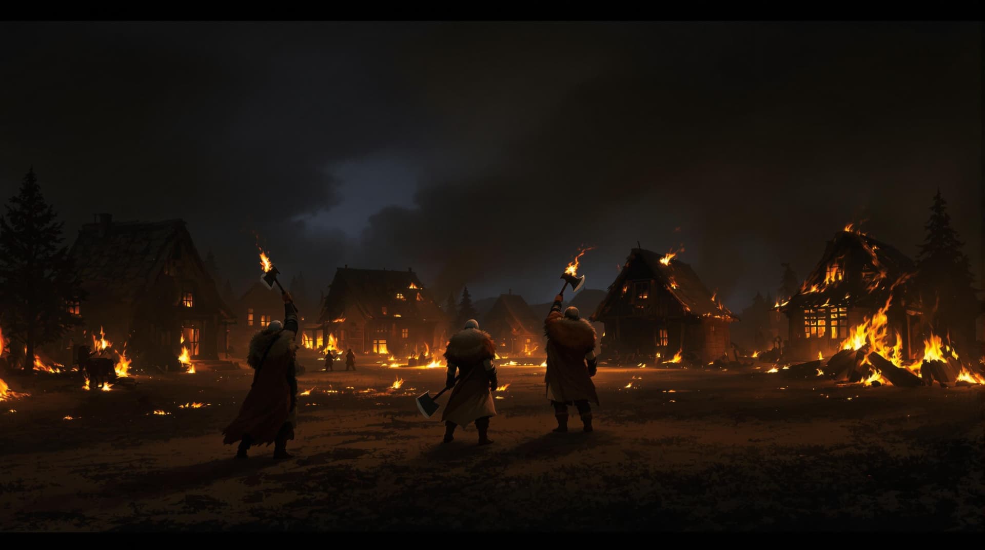 AI generated: a wide-angle digital painting of a village on fire, with three figures in the foreground. The figure...