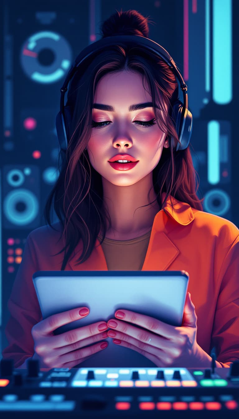 AI generated: Digital Illustration, Vector Graphics, Flat Colors, Modern, Woman Holding a Tablet Coding, Focused E...
