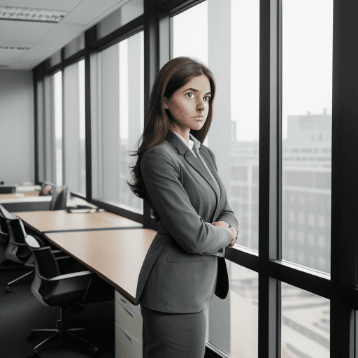 AI generated:  young girl in a business suit of dark gray color, in a light shirt, medium-length dark blond hair t...