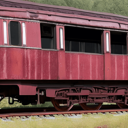 AI generated: Side view of an old train carriage with rivets, maroon in colour, with two windows, a black roof