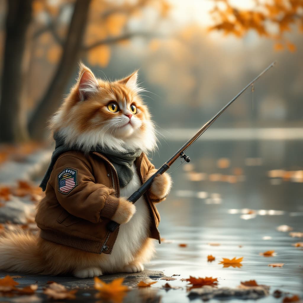 AI generated: A fluffy, long-haired cat with golden brown, white, and black fur, standing upright in an urban envi...