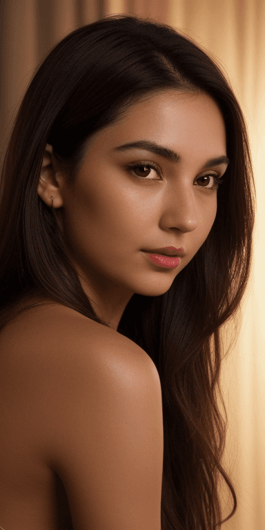 AI generated: (Brown eyes) ((dark black background)) ((face side lit with golden light lamp)) ((Eyes: warm brown, ...
