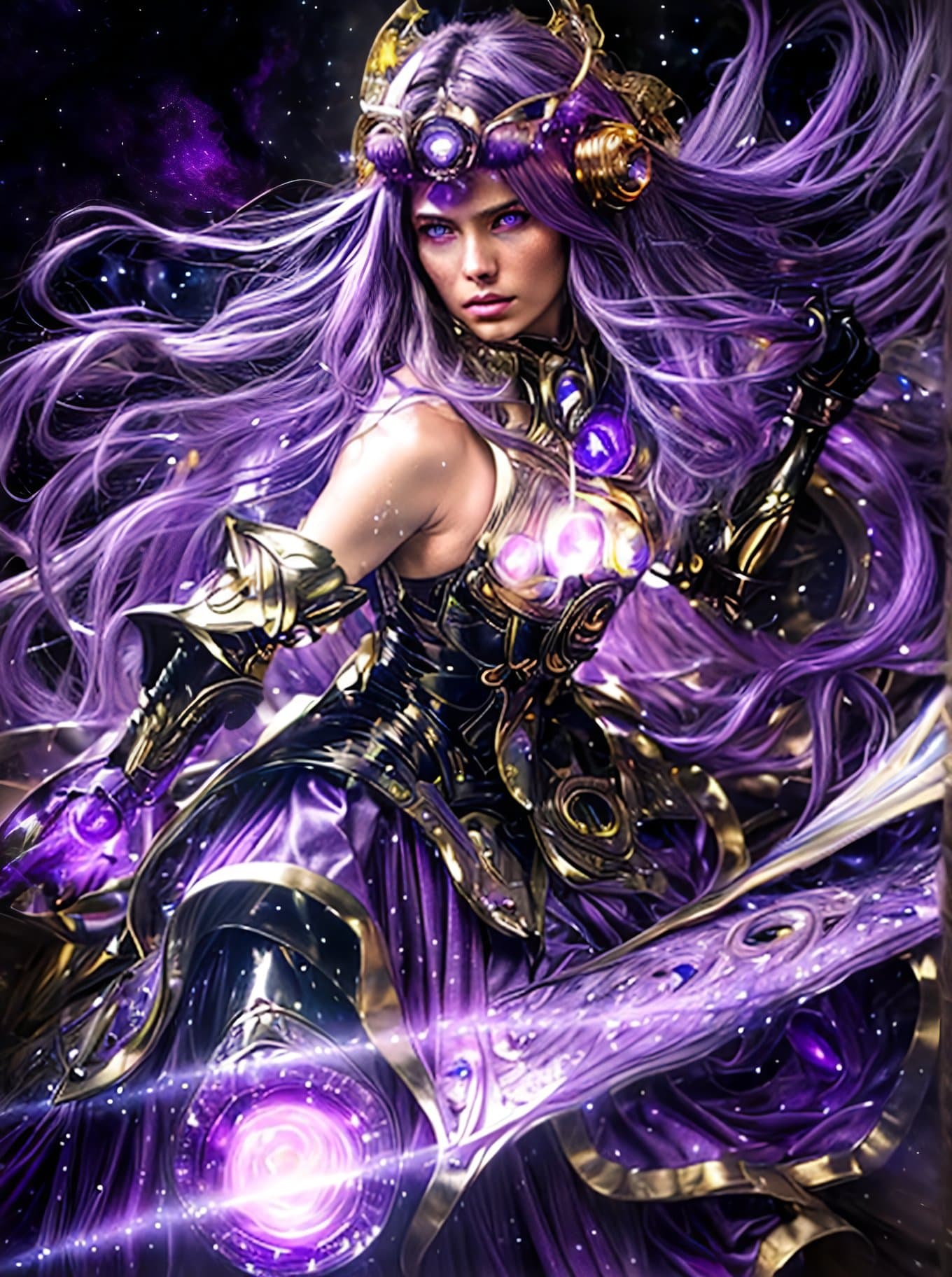 AI generated: golden armored woman made of stars and colorful space light, (badass:1.3), mighty goddess of the nig...