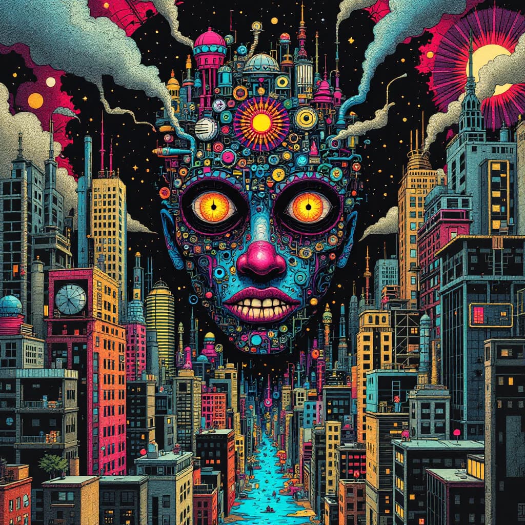 AI generated: cartoon with a colorful face surrounded by a city, in the style of tim doyle, industrial forms, pack...