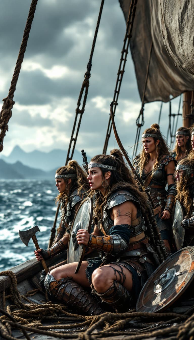 AI generated: A group of five Viking warrior women on a Viking longship, each displaying a distinct style of battl...