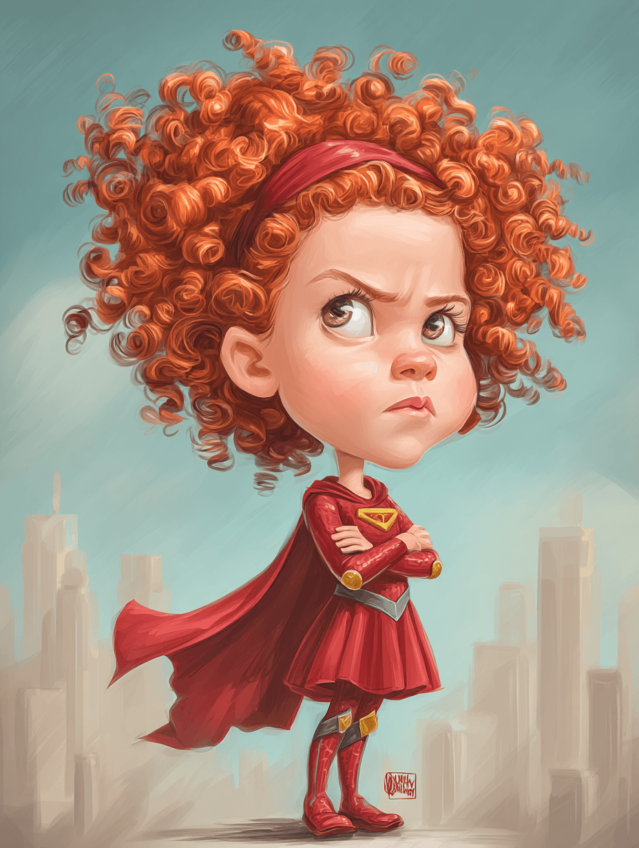 AI generated: funny caricature, tiny superhero girl caricature, young caucasian female, 5 years old, with red curl...