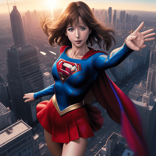 AI generated: High resolution Sophie Marceau as Supergirl, blue leotard, red cape, mini skirt, flying over city, g...