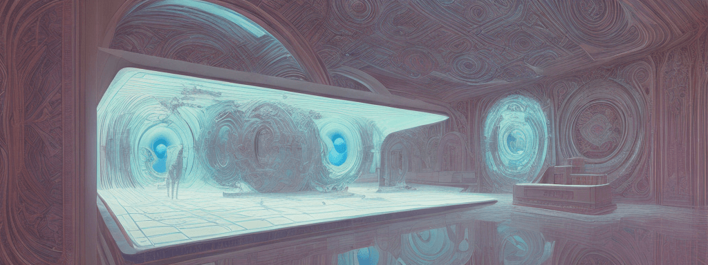 AI generated: a 3d detailed painting inspired by moebius of a 4d mirror cabinet. inspired by technology. science f...