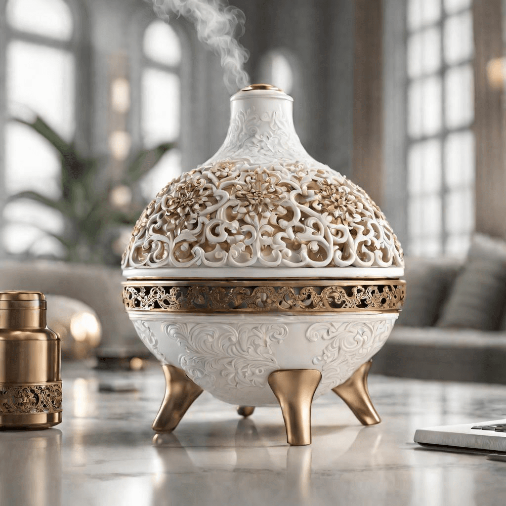AI generated: Aroma diffuser, inspired by the intricate, ornate designs, with a marble exterior and intricate flor...