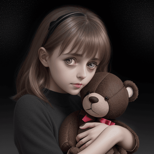 AI generated: an german girl with big eyes and light brown, holding her dark brown teddy bear by the hand, in the ...