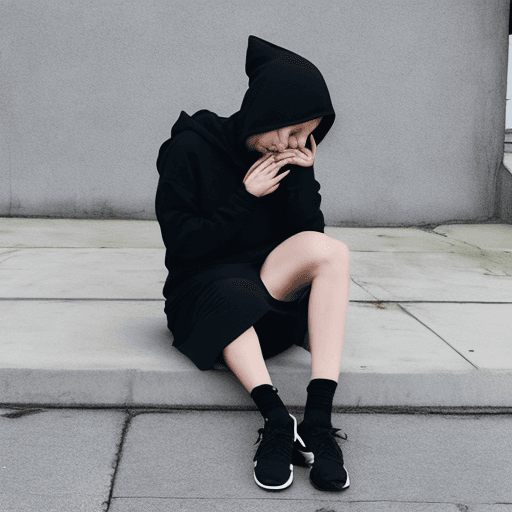 AI generated: Woman who wears a black hoodie, black skirt, and black knee-high socks. She's on her knees, arms res...