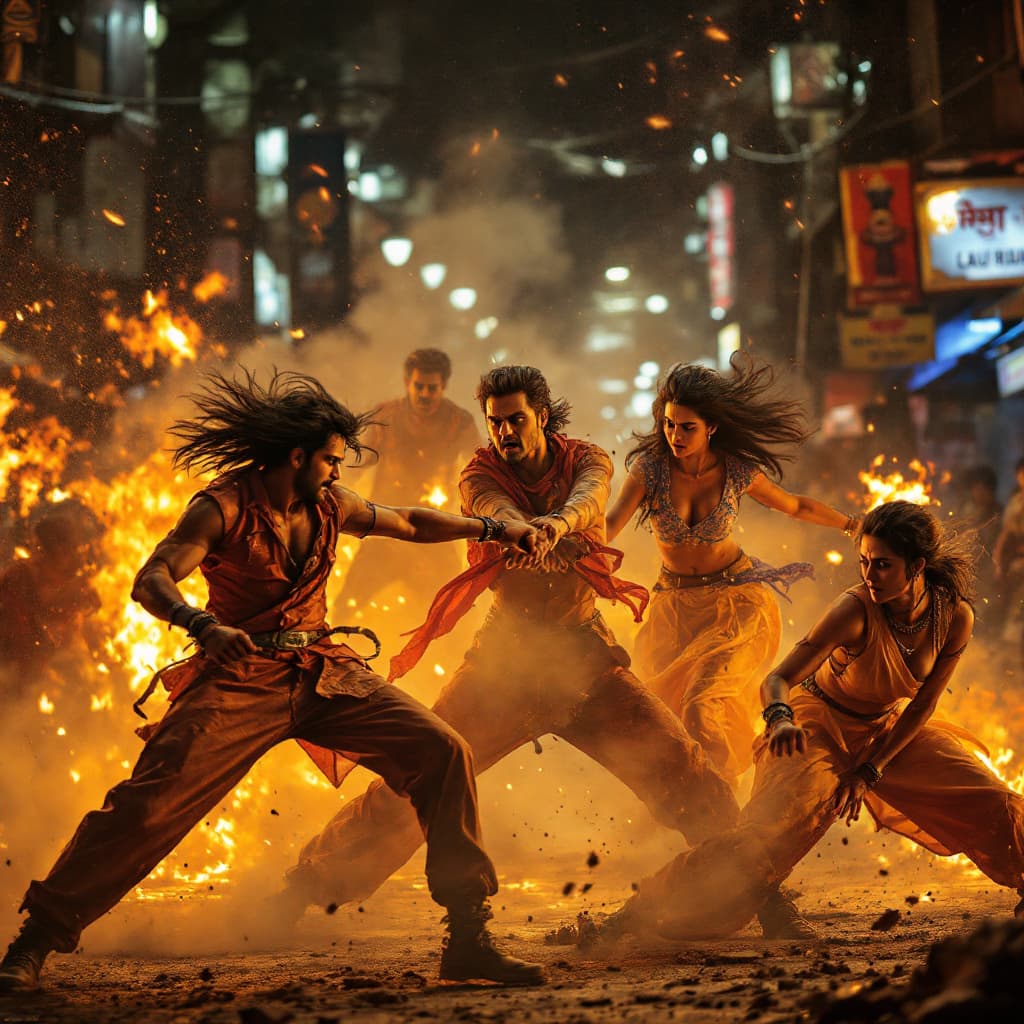 AI generated: In a high-energy, action-packed scene set in the heart of a bustling Indian city, five dynamic chara...