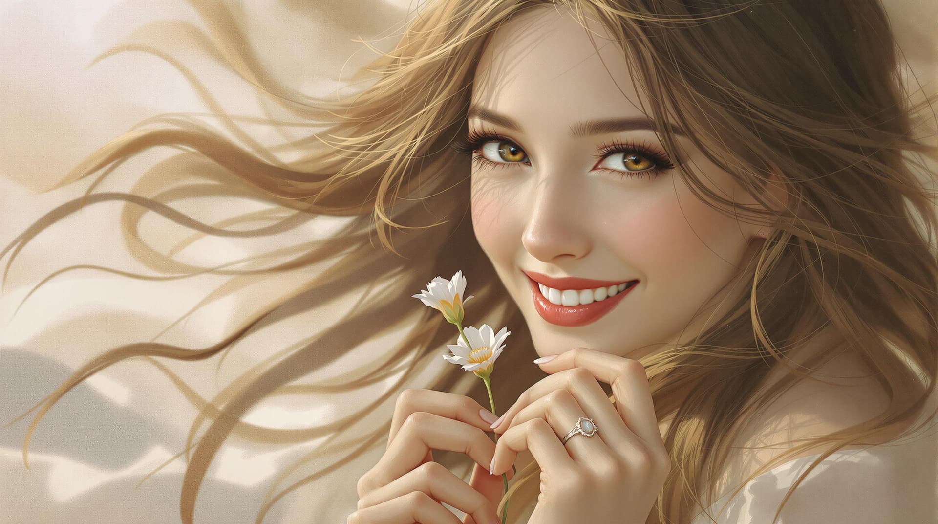 AI generated: Detailed, realistic painting of a smiling woman with long flowing hair, focused gaze, holding a deli...