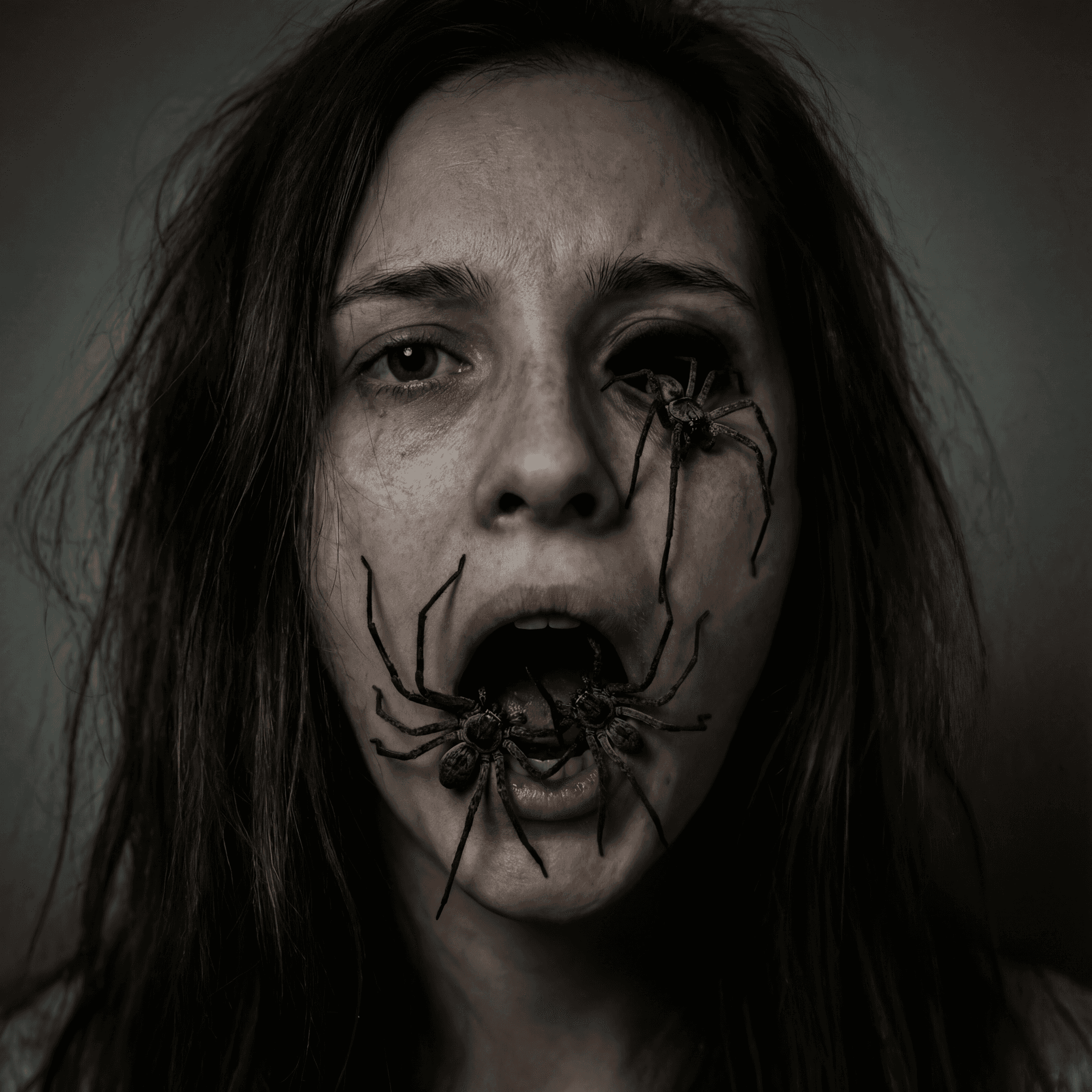 AI generated: a young woman with their mouth wide open looking directly at the camera. Three long-legged spiders a...