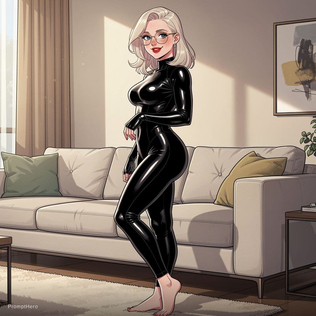AI generated: (Jack cayless art style), ((beautiful girl standing in three-quarter side view in front of sofa, leg...